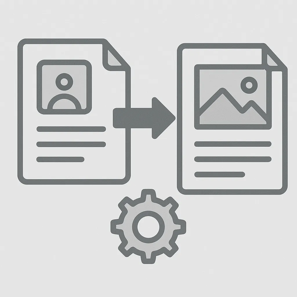 a diagram-like illustration showing a document with a placeholder marker turning into a document with an embedded picture, representing an automated content pipeline