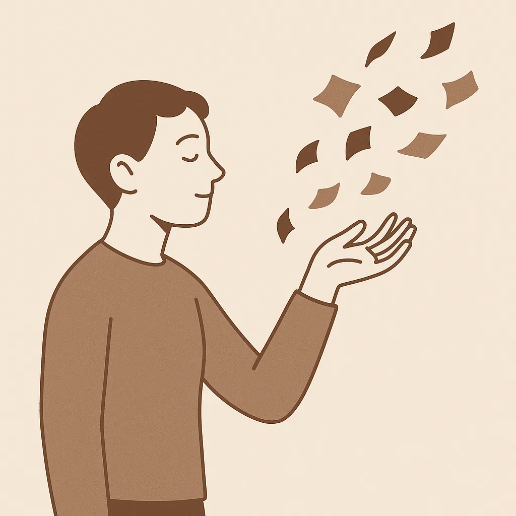 a simple illustration of a person calmly releasing scattered pieces of memory like leaves or paper fragments drifting away into the air, representing accepting forgetting rather than fighting it, flat minimalist monotone style