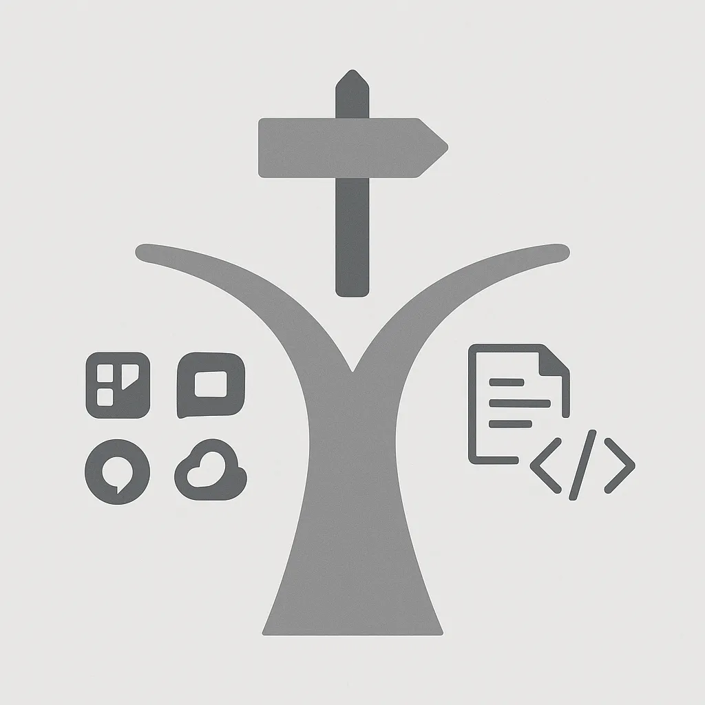 a simple illustration of two paths diverging from a signpost, one path connected to common workspace app icons and the other path leading to a document and code symbol, flat minimalist monotone style
