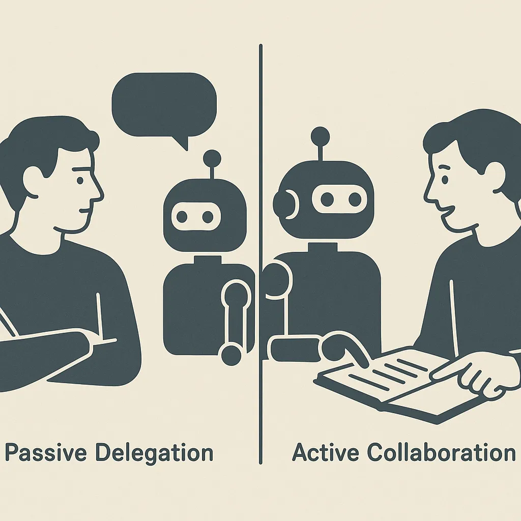 a simple side-by-side illustration, on one side a person passively receiving an answer from a robot and looking away, on the other side a person actively discussing and pointing at a shared notebook with a robot, representing passive delegation versus active collaboration, flat minimalist monotone style