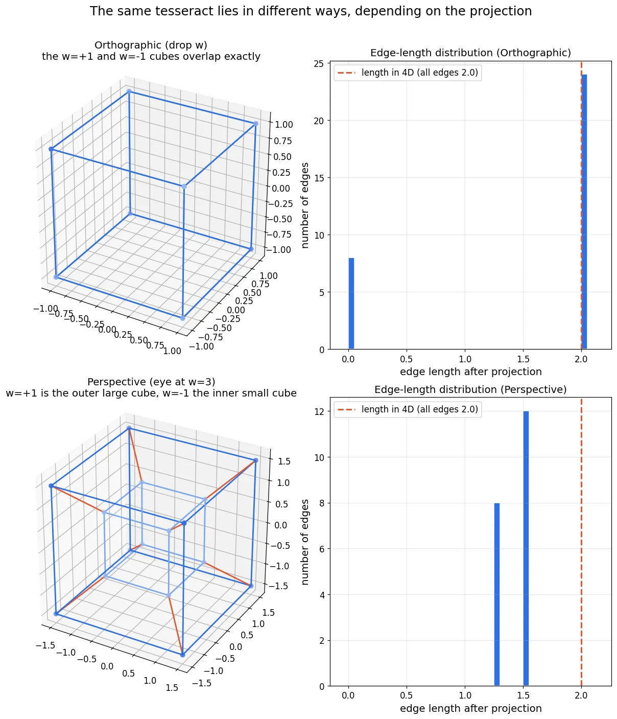 A vertically stacked comparison of the 3D wireframe and edge-length histogram for orthographic (top) and perspective (bottom) projection. The orthographic case looks like a single cube; its edge-length distribution is two bars, 8 edges at length 0 and 24 at length 2.0. The perspective case is the familiar nested cube; its distribution splits into three bars — 8 edges at 1.299, 12 at 1.5, 12 at 3.0 — with none on the red dashed line at the original length 2.0.