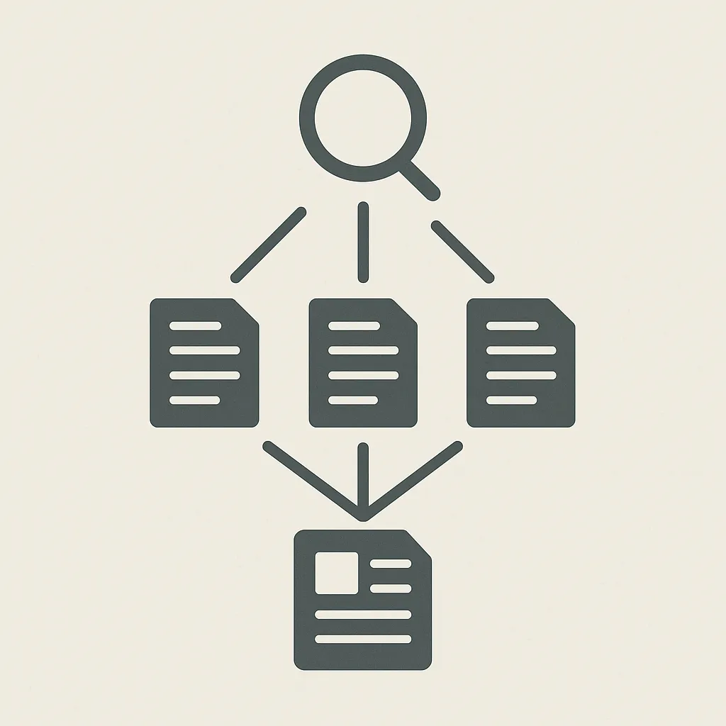 a simple illustration showing a search icon connecting to multiple document/source icons, which then funnel into a single summarized report icon, flat minimalist monotone style
