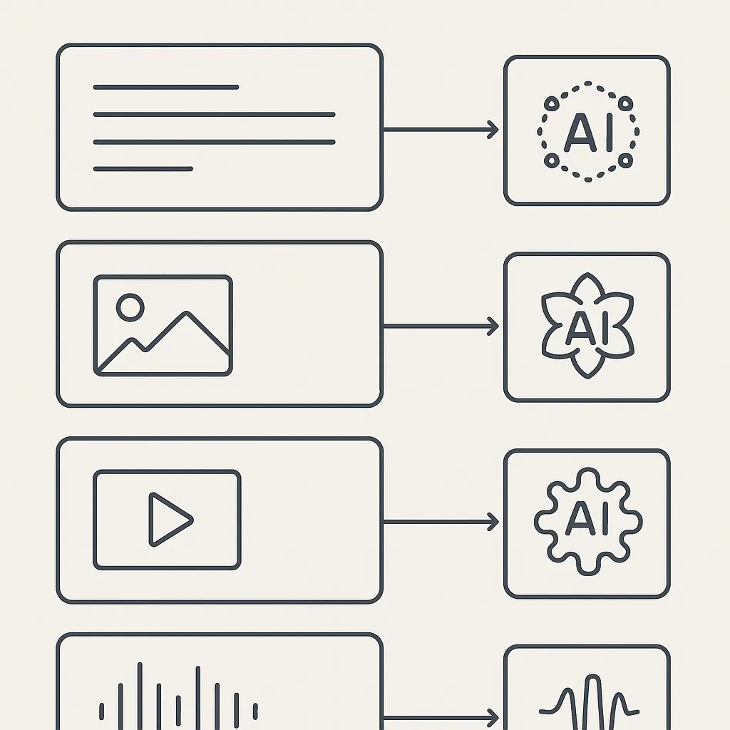a simple illustration showing four separate labeled boxes for text, image, video, and audio, each connected to a different distinct icon representing a specialized AI tool, flat minimalist monotone style