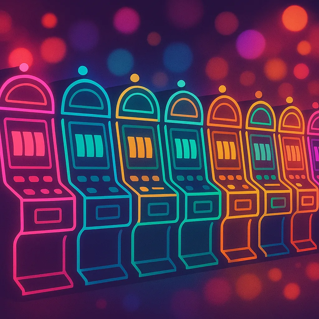 a vibrant, flashy row of ten neon casino slot machines glowing with colorful lights (pink, purple, teal, gold), each machine slightly different in color and glow to hint they have different unknown payout rates, dramatic casino atmosphere with bokeh light flares, bold and eye-catching illustration style, no text, no numbers