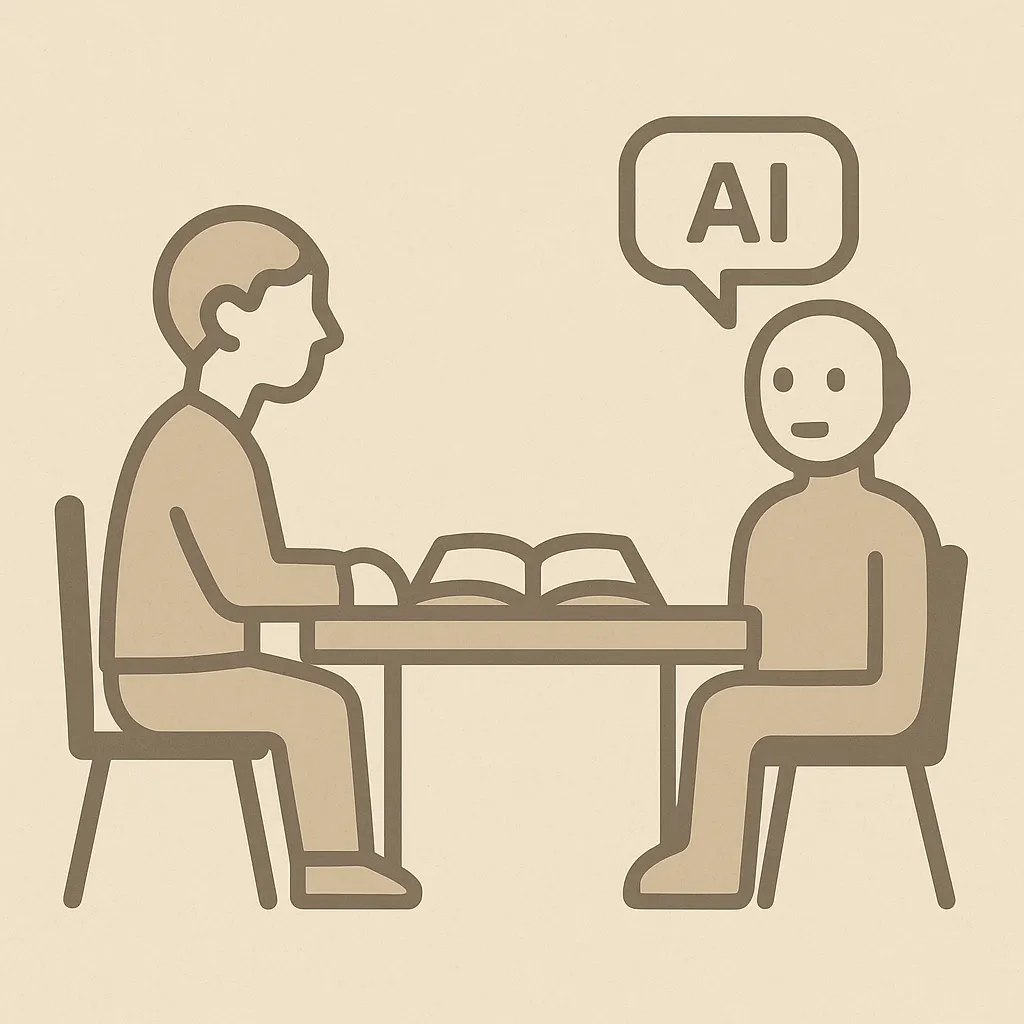 a simple illustration showing a person and an AI tutor icon sitting across a small table with an open notebook between them, representing a study conversation, flat minimalist monotone style