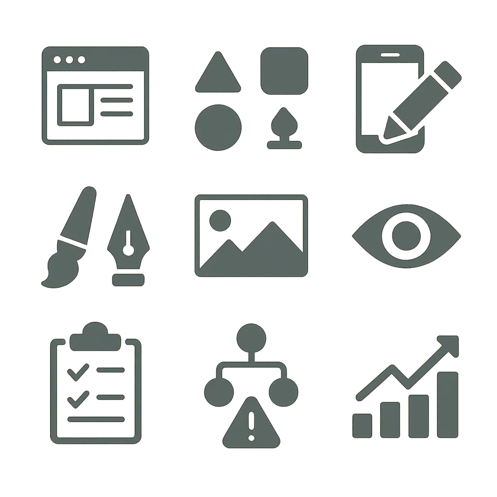 a set of small flat minimalist icons in a consistent monotone color palette, representing visual consistency across a design system