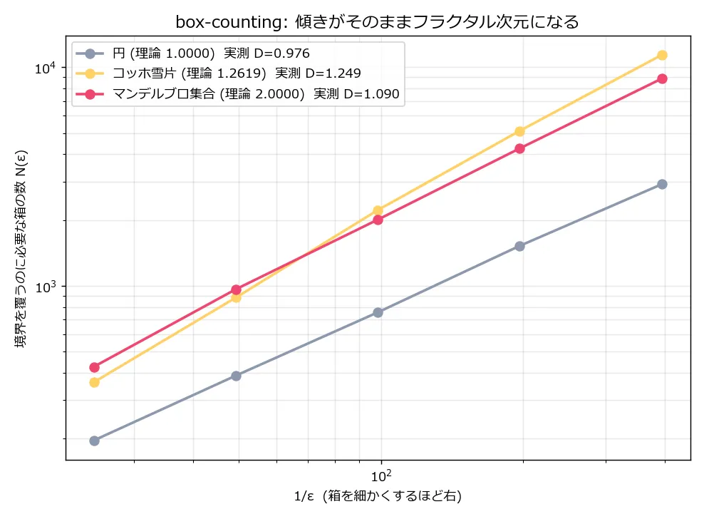 box-countingのlog-logプロット。横軸が1/ε、縦軸が境界を覆うのに必要な箱の数N(ε)で、3本の直線が右上がりに伸びている。灰色の円は傾き0.976、黄色のコッホ雪片は傾き1.249で最も急、赤のマンデルブロ集合は傾き1.090でコッホ雪片より緩やかな傾きになっている
