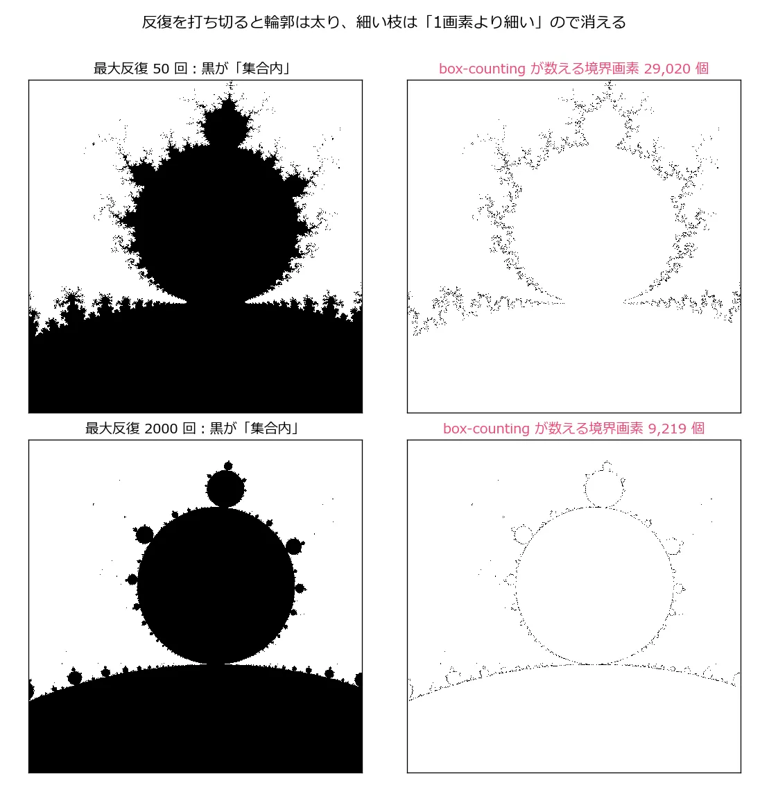 2行2列の白黒図。上段左は最大反復50回のときの集合内画素で、球のまわりに毛羽立ったもやのような黒い領域が広がっている。上段右はそこから抽出した境界画素で、29,020個の点が球を取り巻く雲のように散らばっている。下段左は最大反復2000回で、同じ球がなめらかな円と小さな装飾だけになっている。下段右はその境界画素で、9,219個が細い一本の輪郭線としてなぞられている