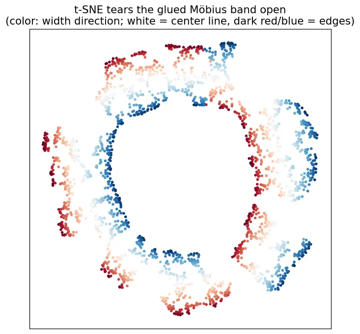 A t-SNE embedding of the glued Möbius band. Whitish points (near the band's center line) form a closed ring on the inside, while dark red and blue points (the band's edges) are torn into a dozen or so fragments scattered around the outside.