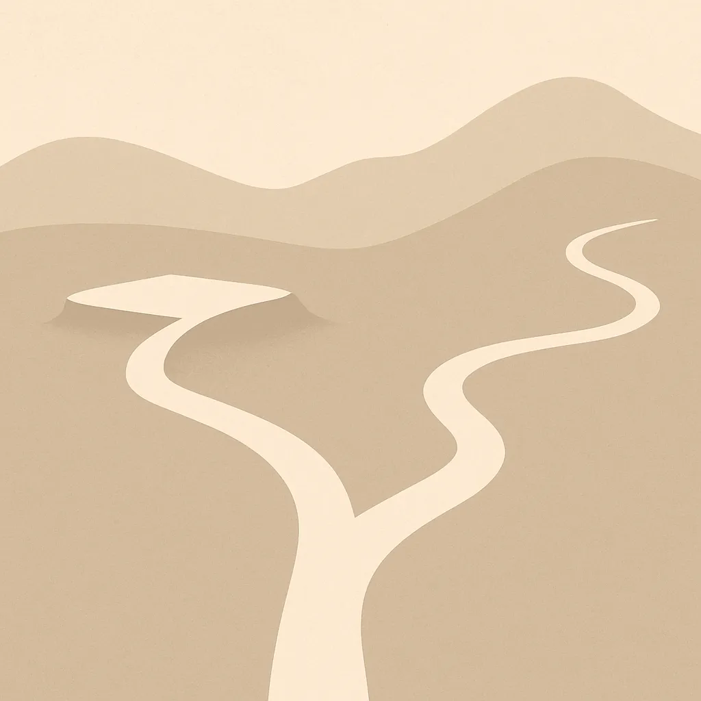 a simple flat minimalist monotone illustration of two diverging winding paths from the same starting point, one path stopping short at a small comfortable plateau, the other continuing further into unexplored hills, abstract and calm, no text