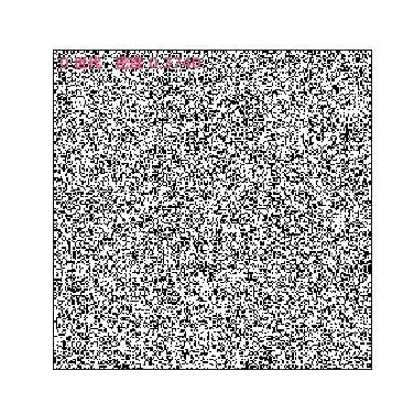ライフゲームのアニメーション。最初は画面全体が細かい黒い点でびっしり埋まった状態から始まり、数世代で大きく間引かれて泡立つような模様になる。世代が進むにつれて活動している領域が減っていき、最後には静止した小さな塊と点滅する短い線が広い空白の中に点在する状態に落ち着く。左上に世代数と密度が表示され、密度が0.376から0.04付近まで下がっていく