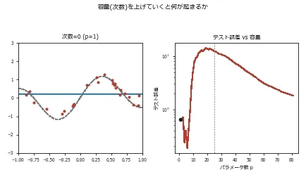 次数を0から80まで動かしながら、左パネルでフィット曲線(青)が真の関数(グレー破線)に対してどう変形するか、右パネルでテスト誤差カーブ上の現在位置(黒い点)がどう動くかを同時に示すアニメーション。次数0では平坦な直線、次数30付近ではx=1近くで予測がグラフ上限まで跳ね上がる激しい振動、次数74ではやや落ち着いた高周波の波打ちに変化し、右パネルの黒い点はそれに連動してテスト誤差カーブの谷→ピーク→緩やかな下り坂を移動する
