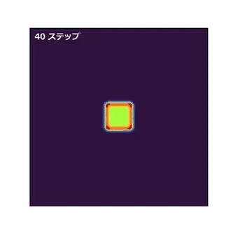 反応拡散のアニメーション。画面中央の小さな塊から始まり、波紋のように広がりながら分裂を繰り返し、迷路のような曲がりくねった帯が画面全体を埋めていく。左上にステップ数が表示され、40から16,000まで進む